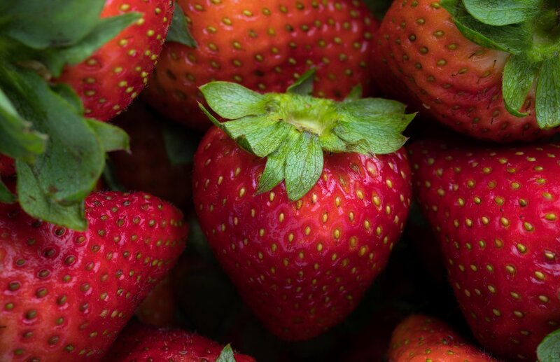 Fresh Strawberries — Red, Natural, Photograph, Green Leaves, Seeds
