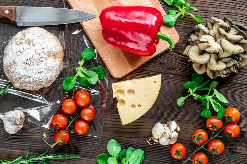 Fresh Vegetables and Cheese — Brown