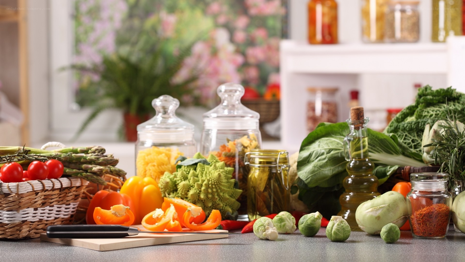 Fresh vegetables and kitchen ingredients