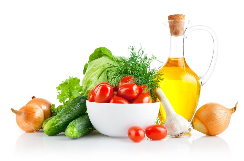 Fresh Vegetables and Oil — White, Clean