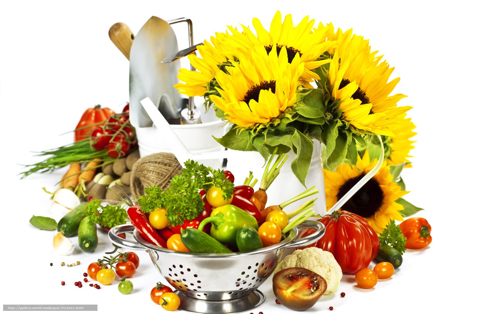 Fresh vegetables and sunflowers