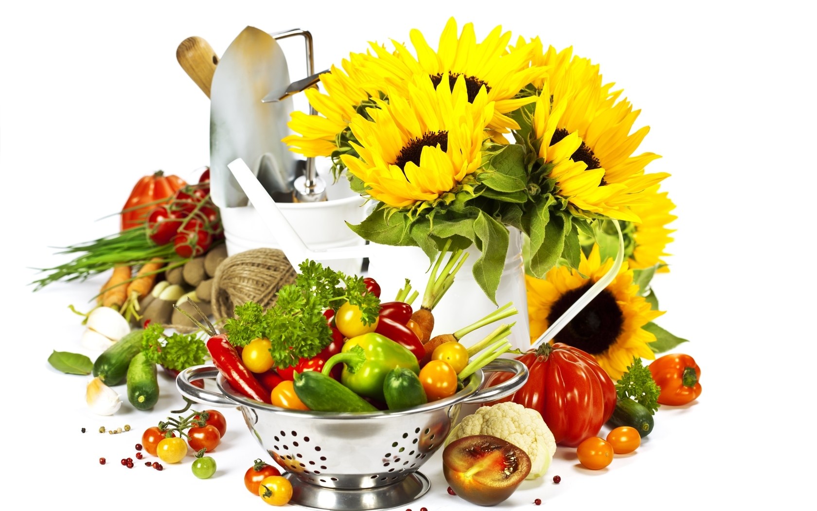 Fresh vegetables and sunflowers