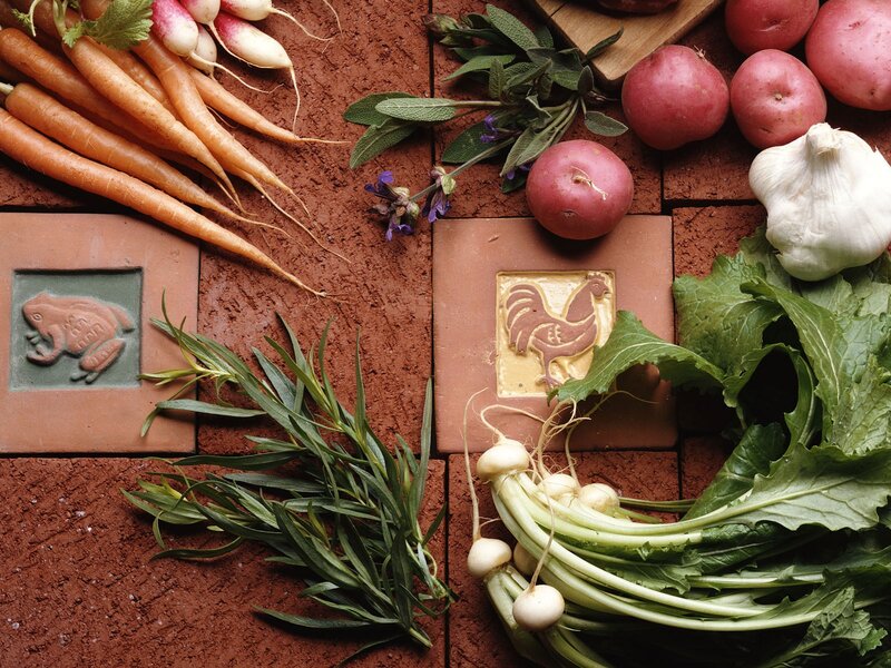 Fresh vegetables on terracotta tiles