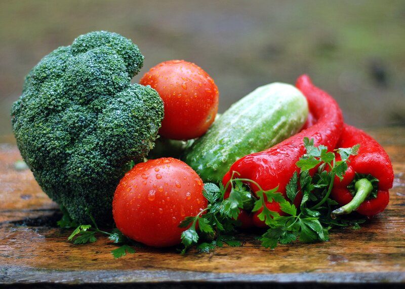 Fresh Vegetables on Wood — Green, Natural, Photograph, Broccoli, Tomatoes
