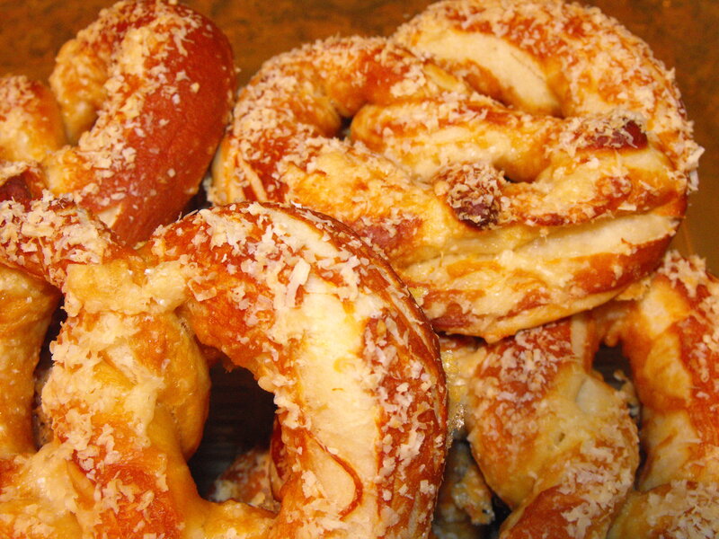 Freshly baked pretzels with cheese