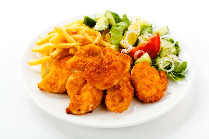 fried chicken with fries and salad