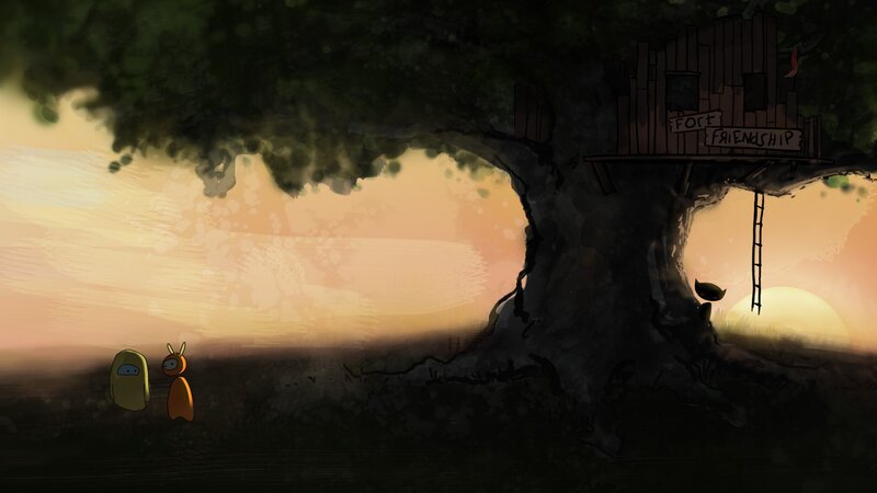 Friends at sunset by a tree fort