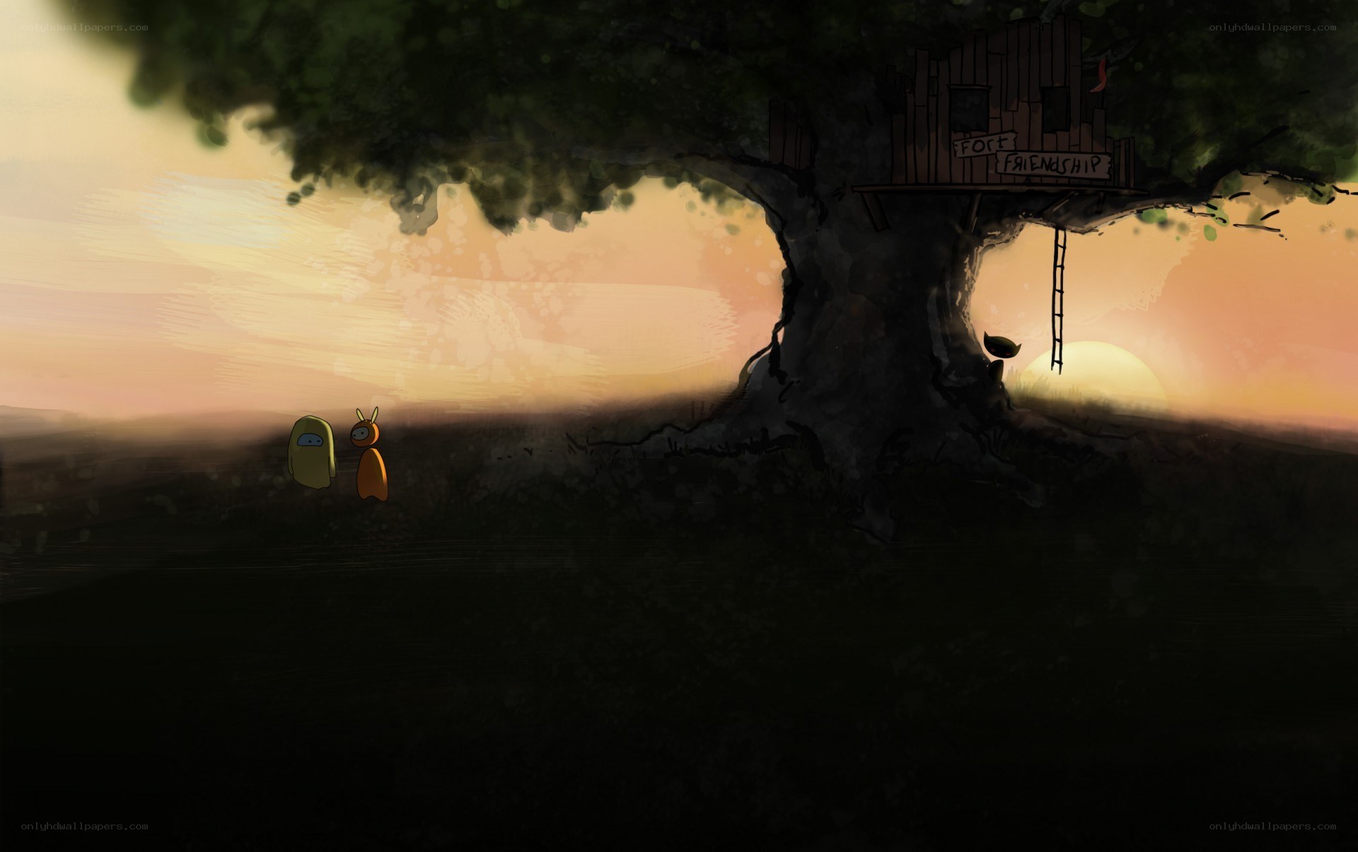 friends at sunset by treehouse