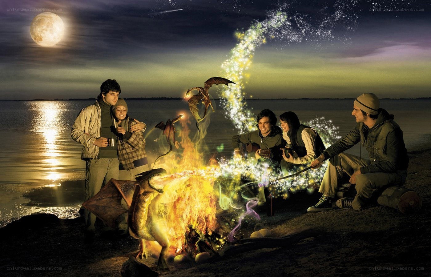 Friends by the campfire with dragons