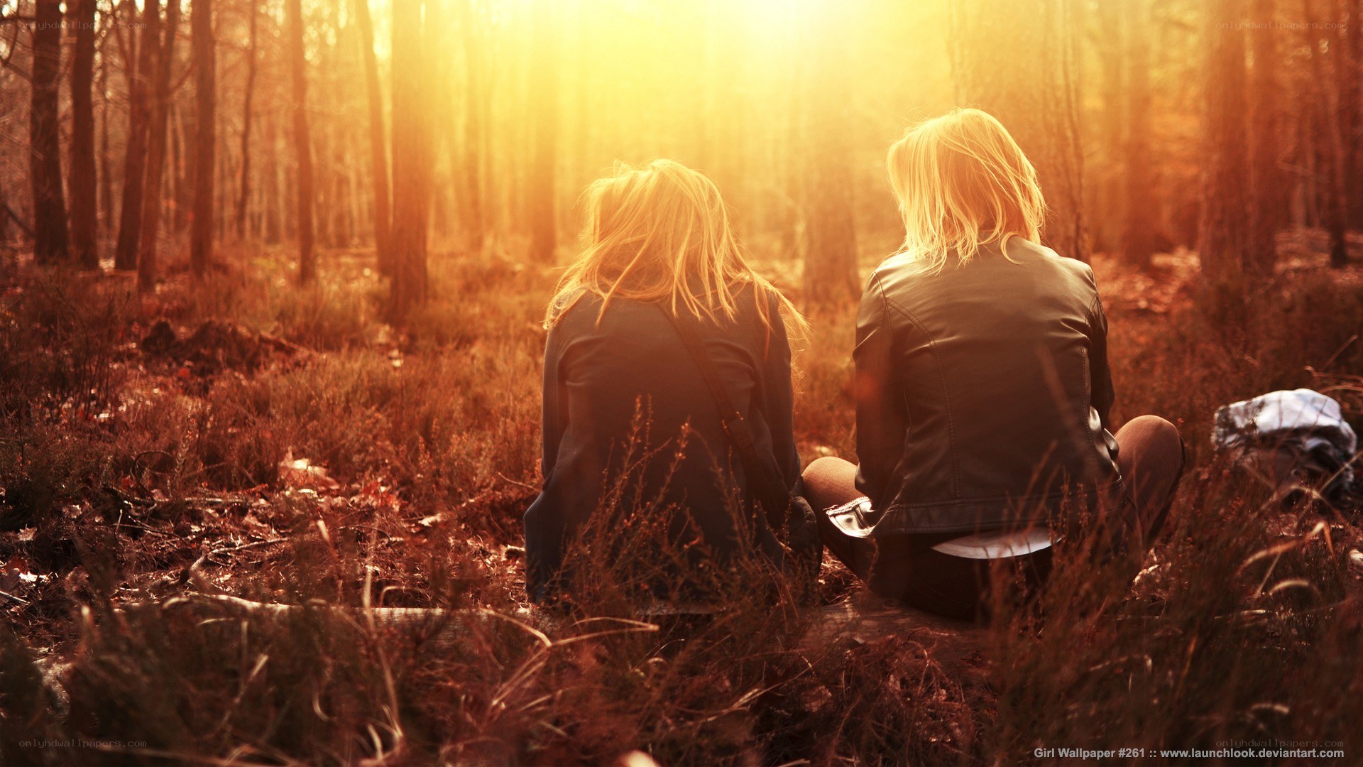 Friends in the forest at sunset