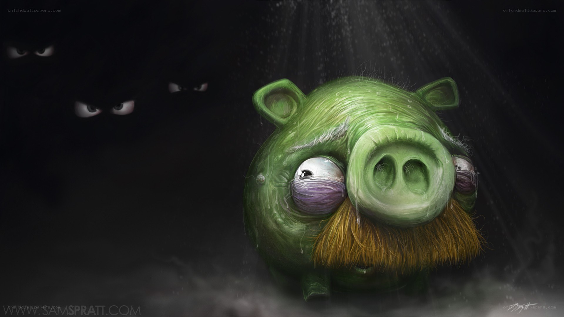 frightened green pig in dark