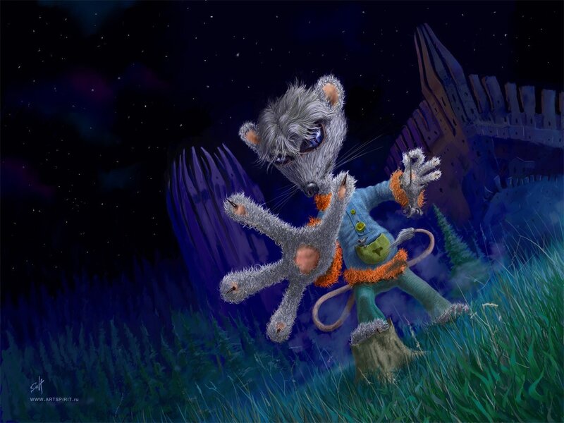 Frightened mouse in night