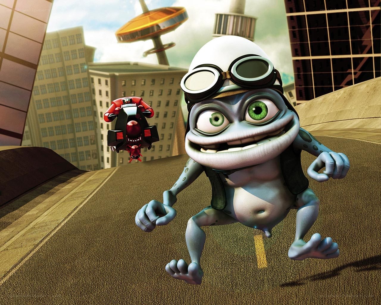 Frog character on city street