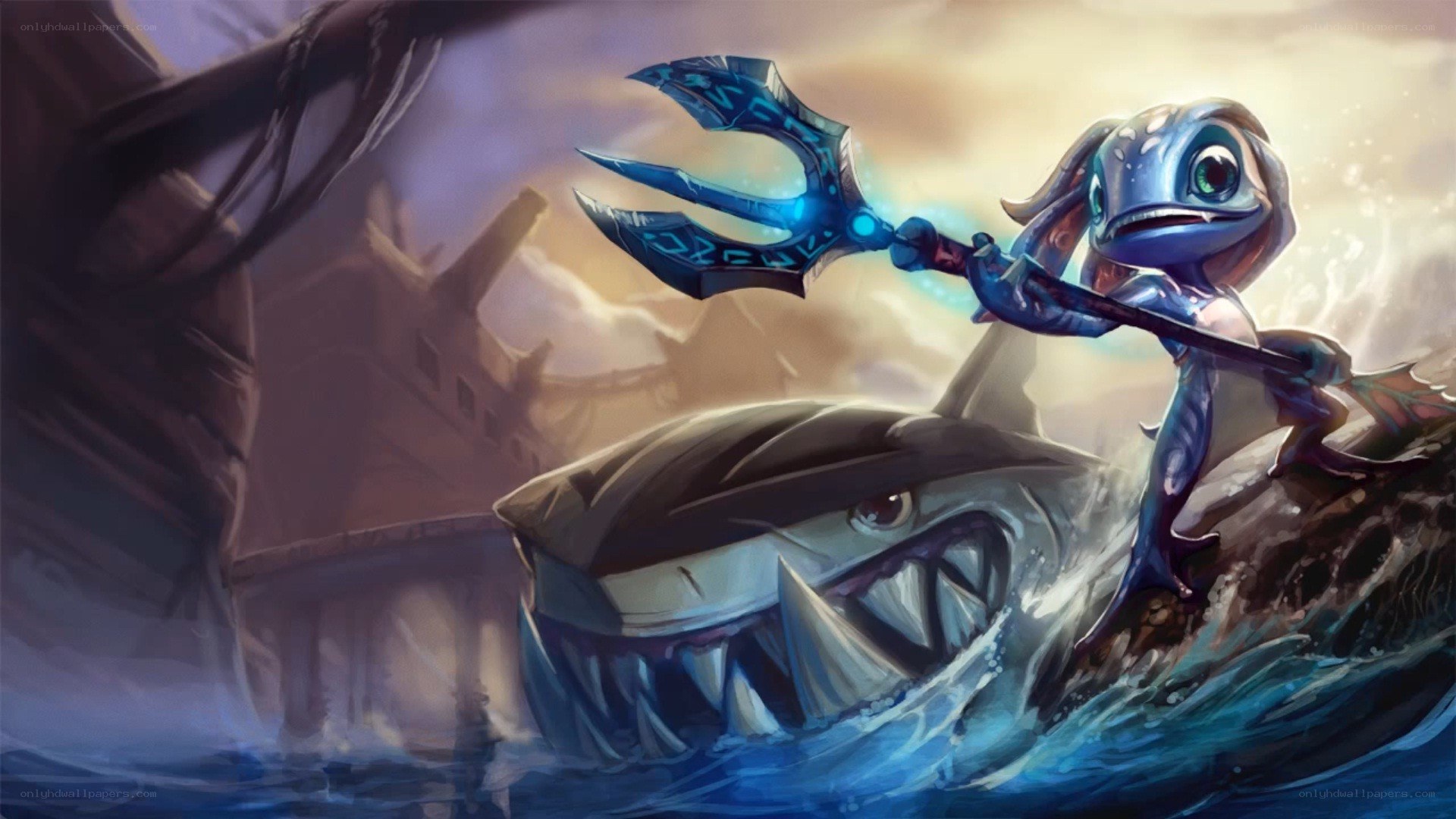 Frog character with trident on shark