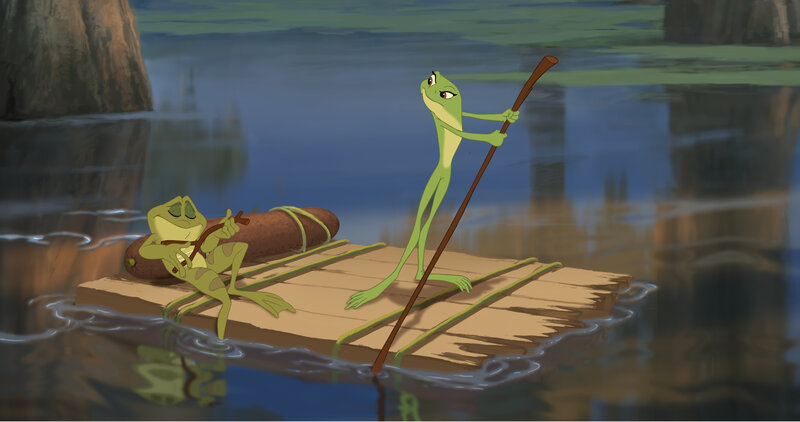 Frog characters on a raft