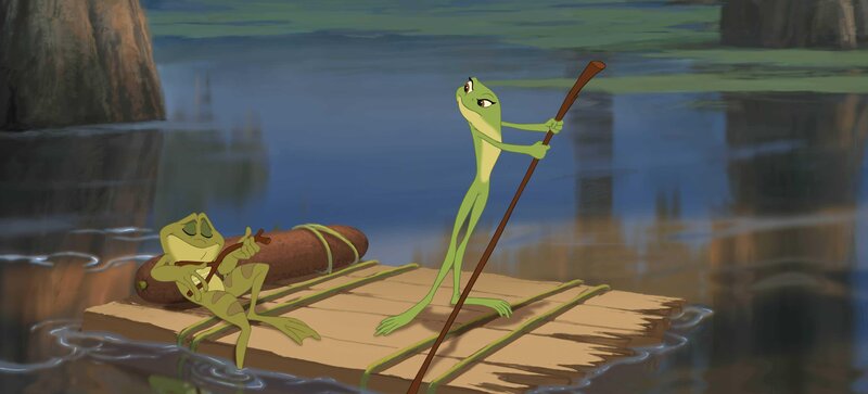 Frog characters on a raft