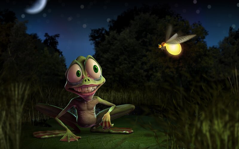 frog chasing firefly at night
