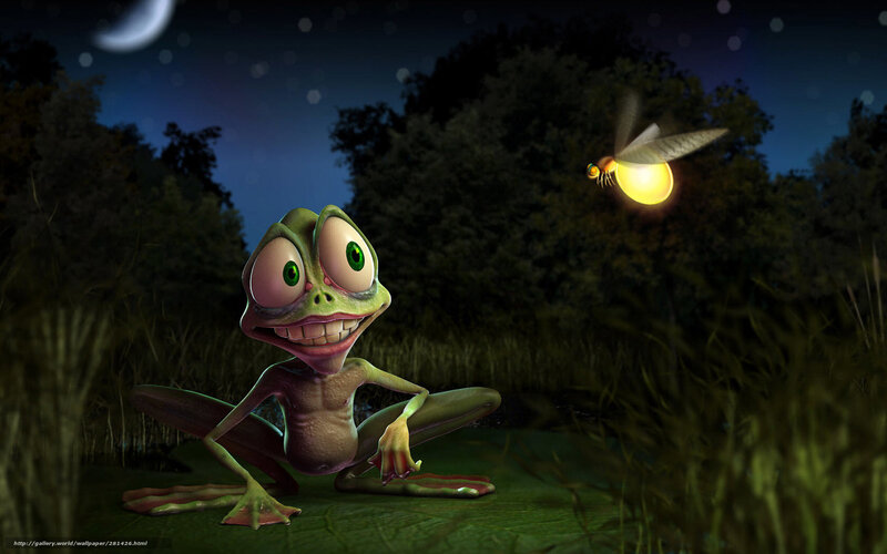 frog chasing firefly at night