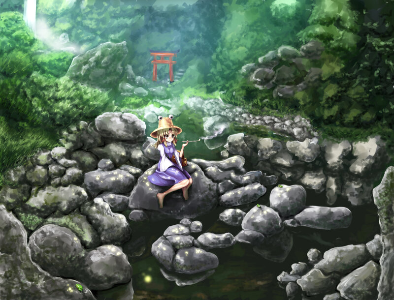 Frog hat girl by stream
