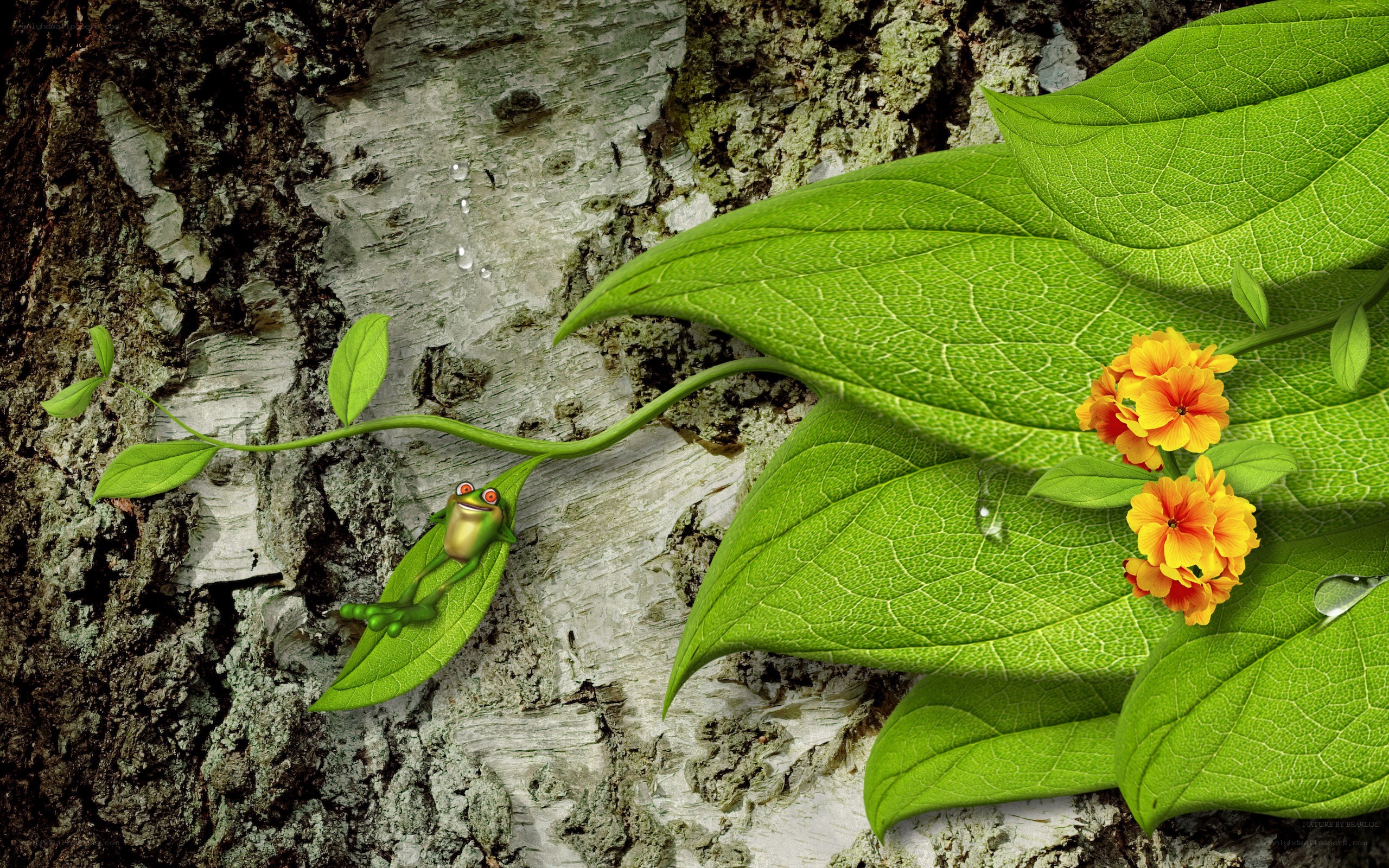 frog on leaf by tree