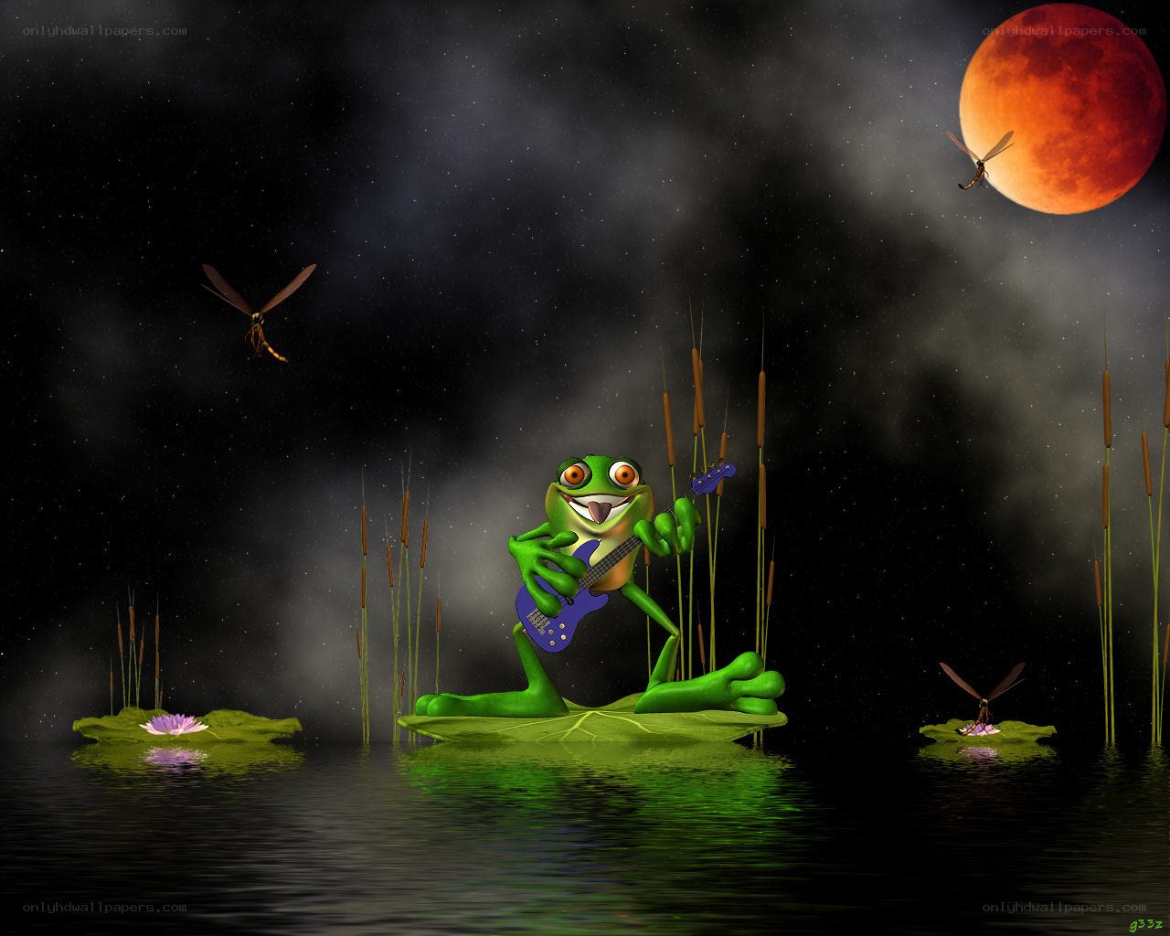 Frog playing guitar on lily pad