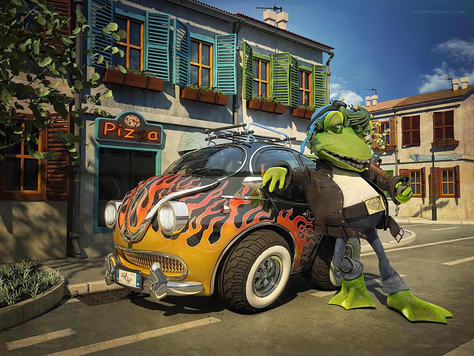 Frog with flame car on street