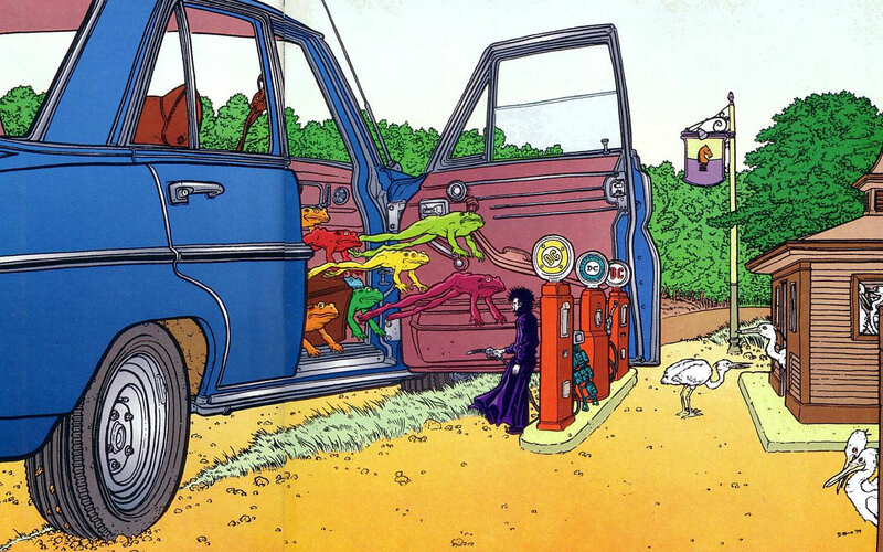 Frogs in a car at gas station