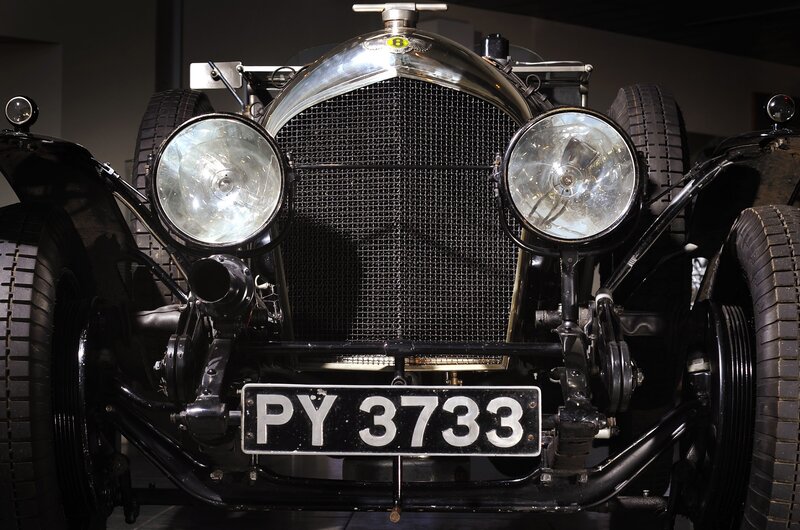 Front of Vintage Car — Black, Dramatic, Photograph, Headlights, Grille, License Plate
