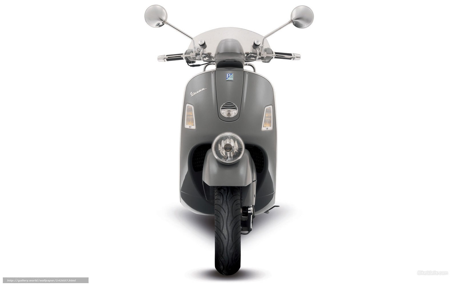 Front view of a gray Vespa scooter