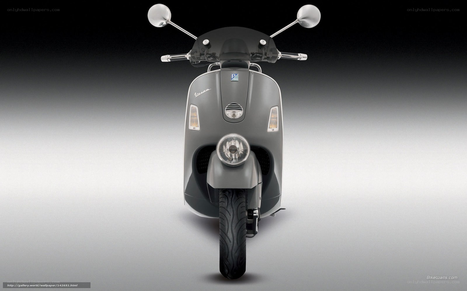 Front view of a gray Vespa scooter