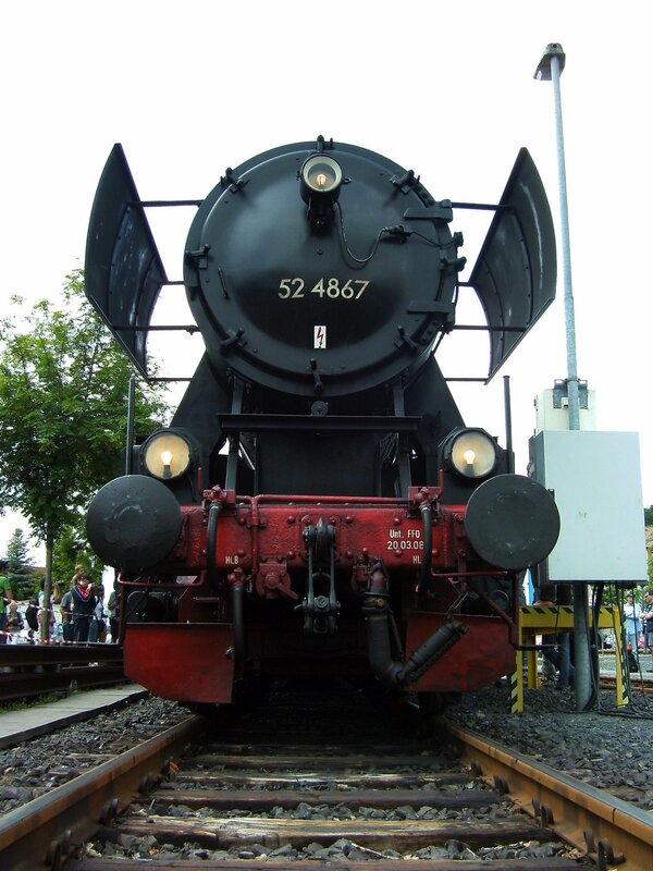 Front view of a steam locomotive