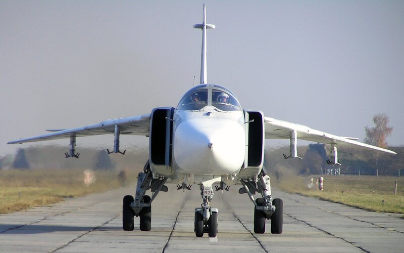 front view of military jet on runway