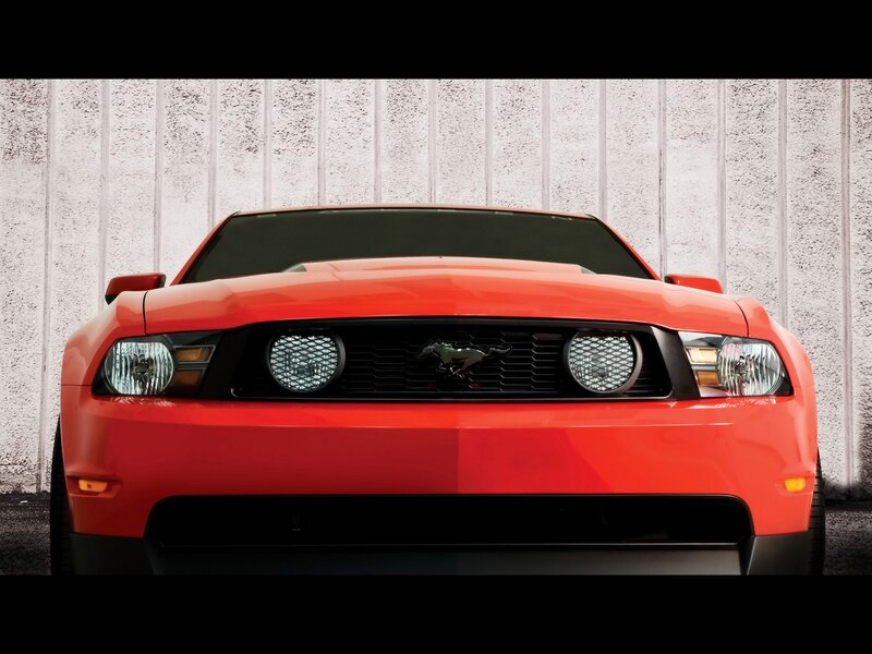 Front view of red Ford Mustang