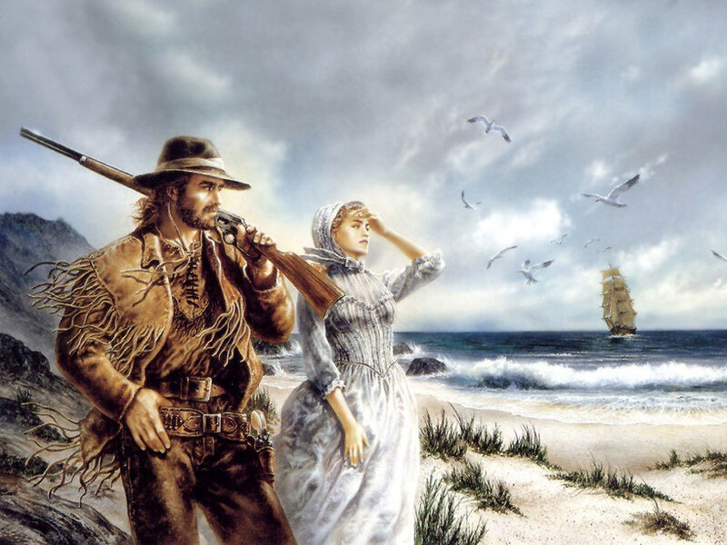Frontiersman and woman on beach