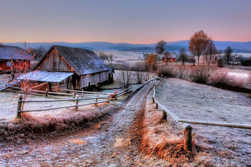 Frost-covered Barn at Dawn