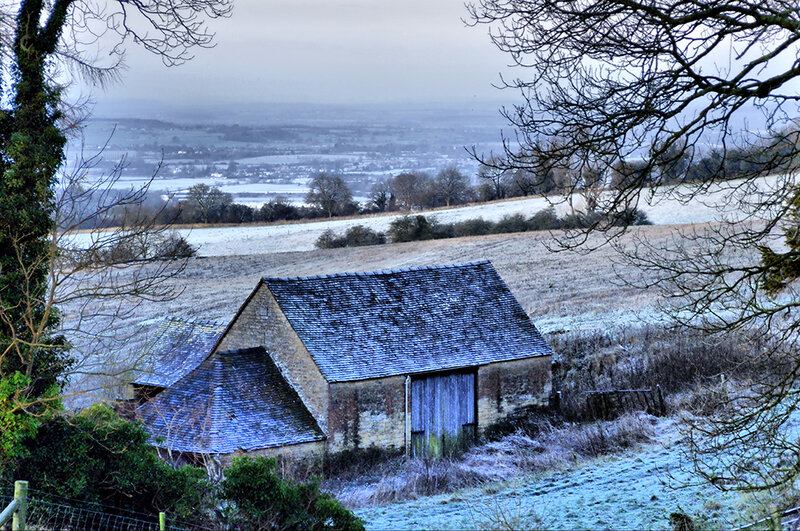 Frost-covered Barn — Blue