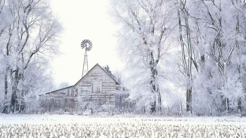 frost-covered barn in winter