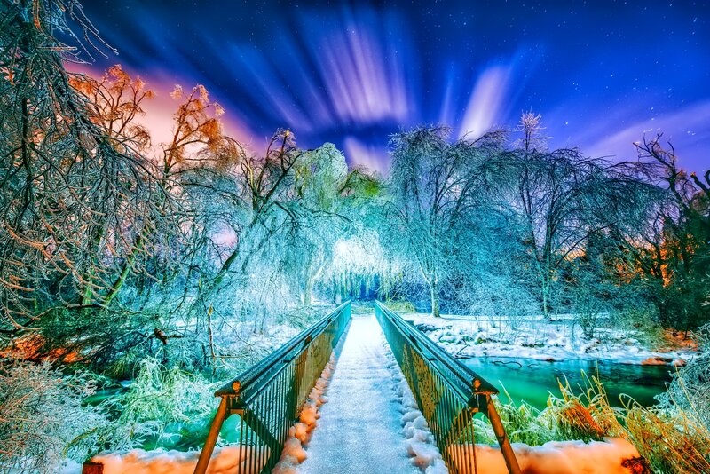 Frost-covered Bridge at Night