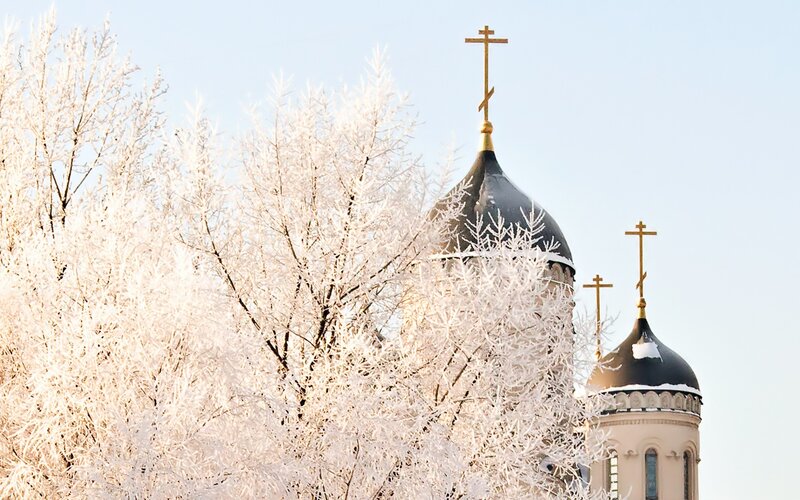 Frost-covered church domes