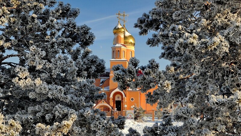 Frost-covered church in winter