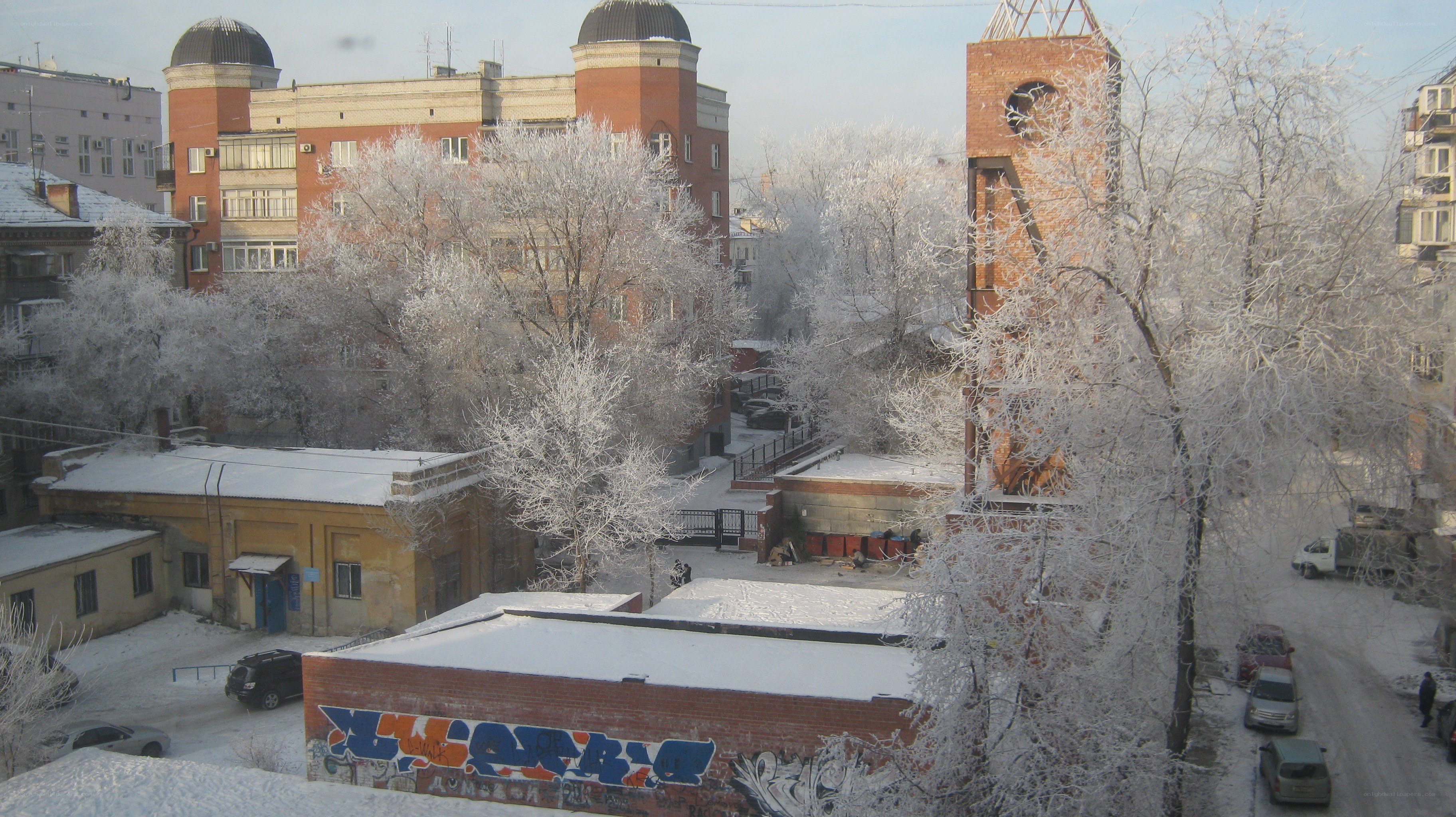 frost-covered city scene