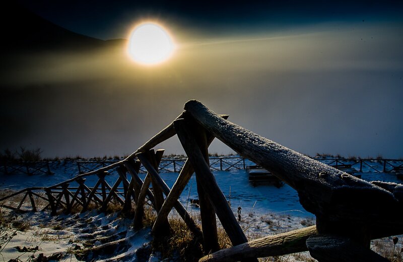 Frost-covered Fence in Snow — Blue