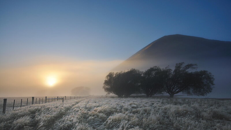 Frost-covered Field at Sunrise — Blue, Serene