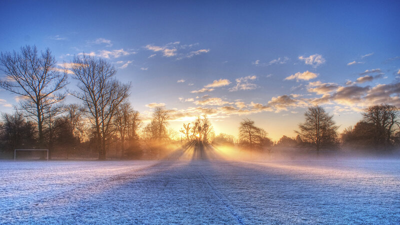 Frost-covered Field at Sunrise — Blue, Serene, Winter