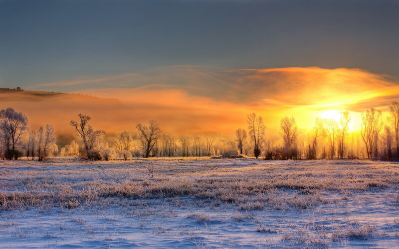Frost-covered Field at Sunrise — Orange, Serene, Winter