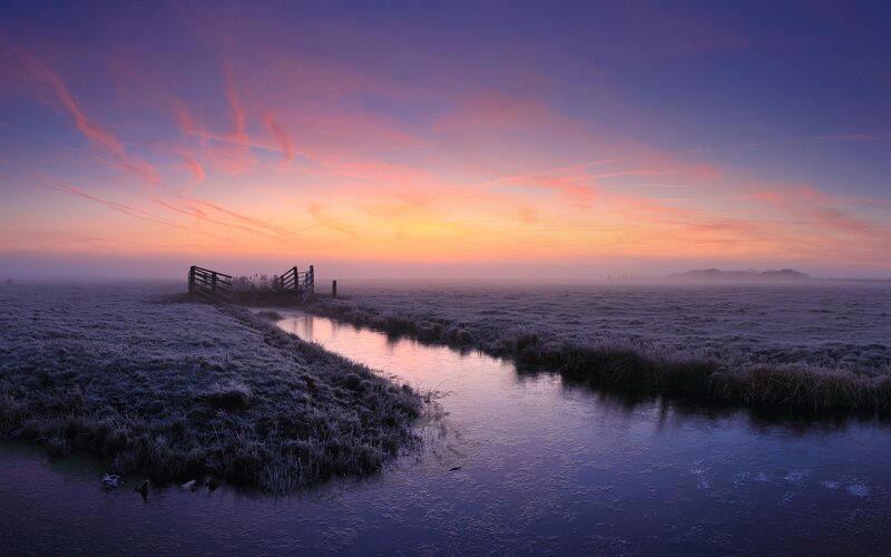 Frost-covered Field at Sunrise — Purple, Serene, Photograph, River