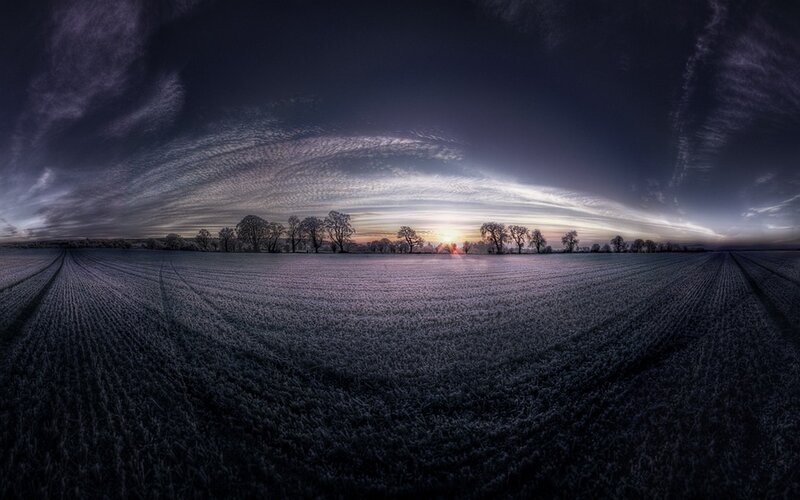 Frost-covered Field at Sunrise — Purple, Serene, Photograph