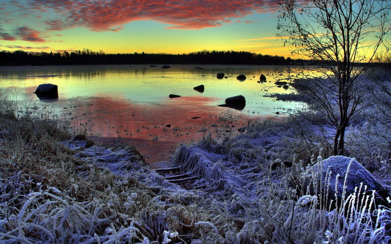 Frost-covered Lake at Sunset