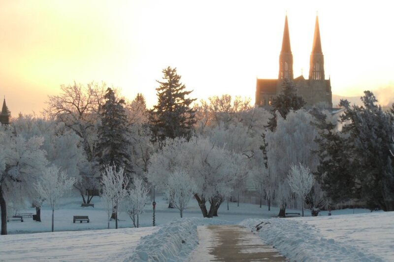 Frost-covered Park with Church