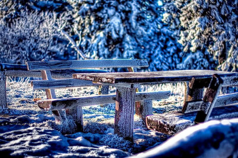 Frost-covered Picnic Table — Blue, Cold